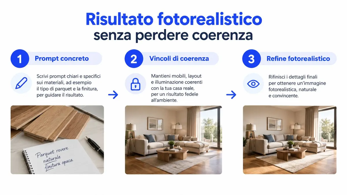 Un'infografica in tre passaggi che illustra come ottenere risultati fotorealistici nel restyling di interni tramite l'intelligenza artificiale.