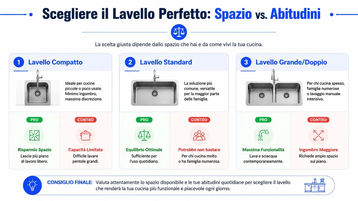 Infografica che confronta tre tipi di lavelli da cucina per aiutare a scegliere quello più adatto.