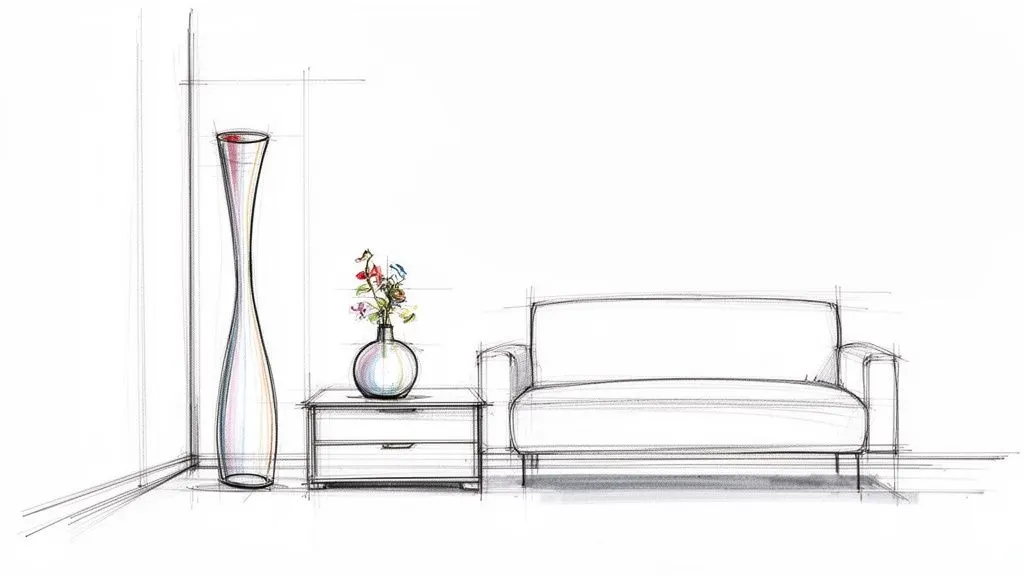 Schizzo a matita di un soggiorno minimalista con un grande vaso, un tavolino con fiori e un divano.