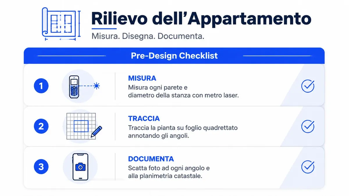 Lista di controllo per il rilievo di un appartamento che include misurazione, tracciatura e documentazione fotografica dei locali.