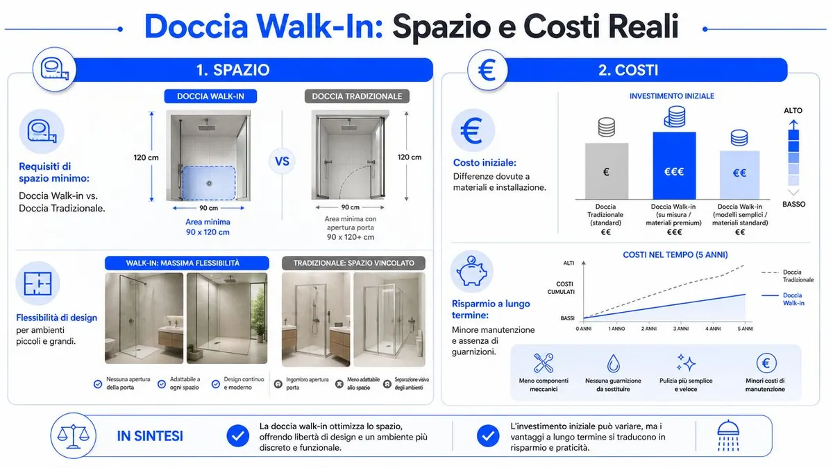 Confronto grafico tra doccia walk-in e tradizionale, mettendo in luce spazio, costi iniziali e vantaggi nel tempo.