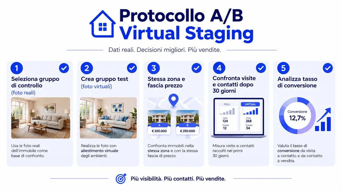 Infografica del protocollo A/B virtual staging per confrontare foto reali e virtuali e aumentare le vendite immobiliari.