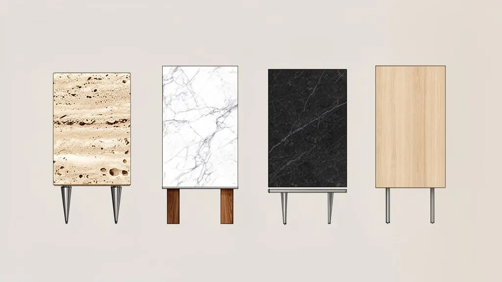 Quattro campioni di materiali diversi (travertino, marmo bianco, marmo nero, legno chiaro) con diverse tipologie di piedini.