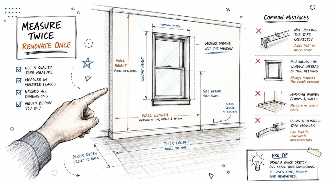 Illustrazione tecnica che spiega come misurare correttamente pareti e finestre per progetti di ristrutturazione casa.