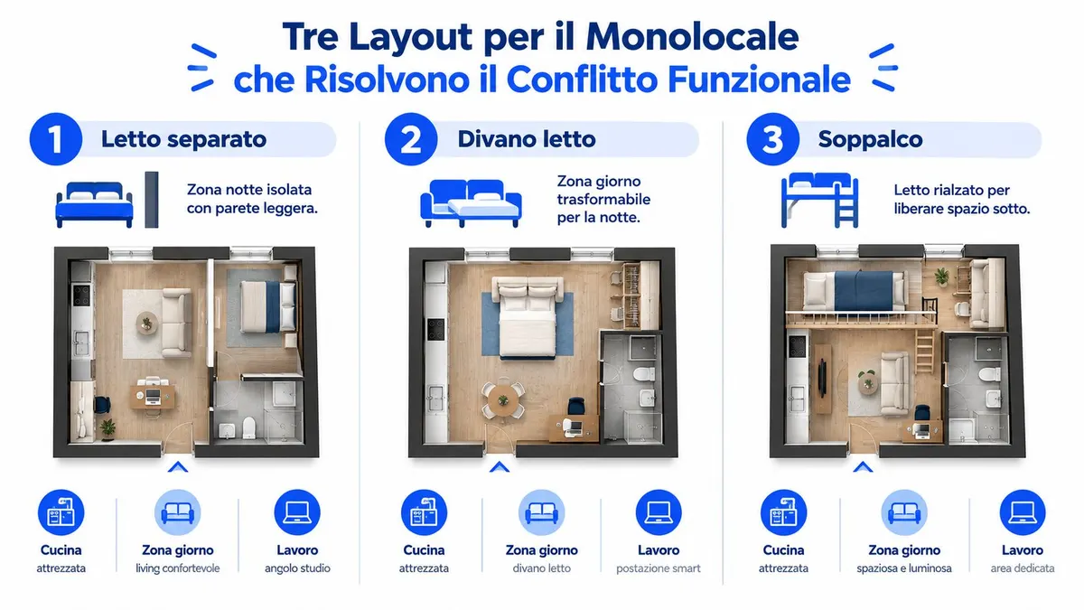 Tre diverse soluzioni di arredo per ottimizzare gli spazi funzionali all'interno di un appartamento monolocale moderno.