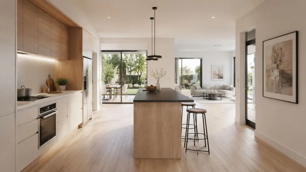 Cucina moderna con isola centrale, mobili in legno e design aperto con zona soggiorno luminosa sullo sfondo.