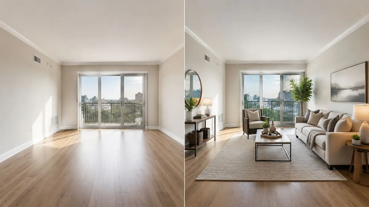 Confronto prima e dopo di un appartamento vuoto trasformato con home staging professionale ed elegante.