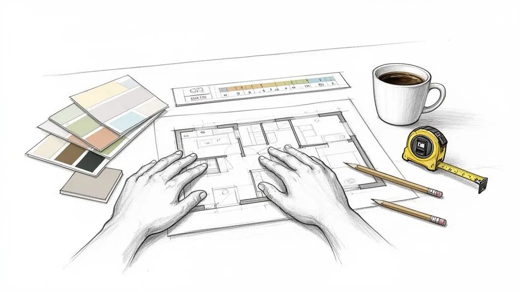 Mani su una planimetria di casa, con campioni di colore, tazza di caffè e metro a nastro.