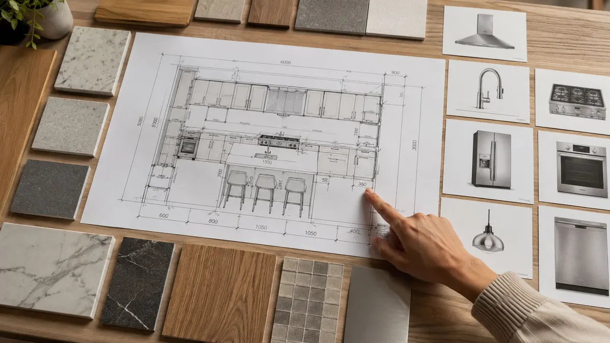 Una mano punta verso il progetto architettonico di una moderna cucina italiana con vari campioni di materiali.