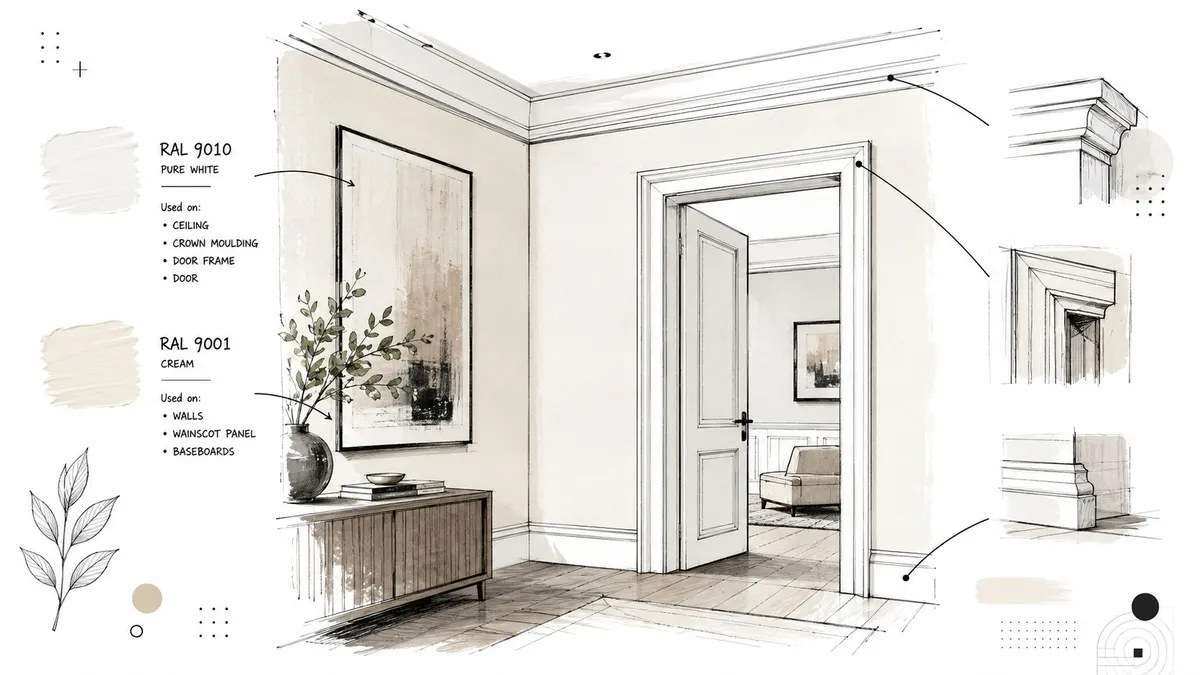 Bo bozzetto di design d'interni che mostra la differenza di colore tra il bianco RAL 9010 e il crema RAL 9001.