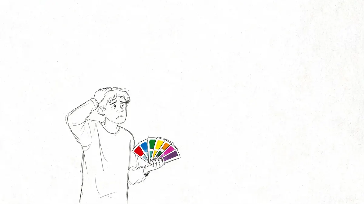 Un giovane uomo confuso guarda un ventaglio di campioni colore per scegliere la tinta delle pareti.
