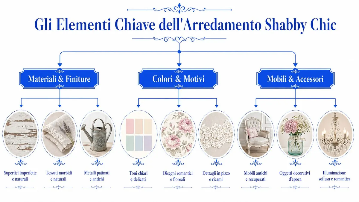 Diagramma infografico che illustra gli elementi fondamentali dello stile di arredamento Shabby Chic, inclusi materiali, colori e mobili.