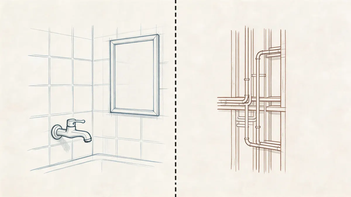 Disegno tecnico che mostra un rubinetto da bagno e le tubature idrauliche nascoste all'interno di una parete.