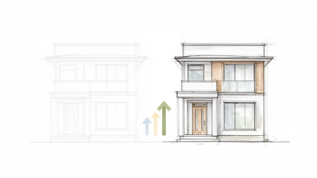 Schizzo architettonico di una casa moderna a due piani, con rendering dettagliato e colorato, che mostra l'evoluzione progettuale.