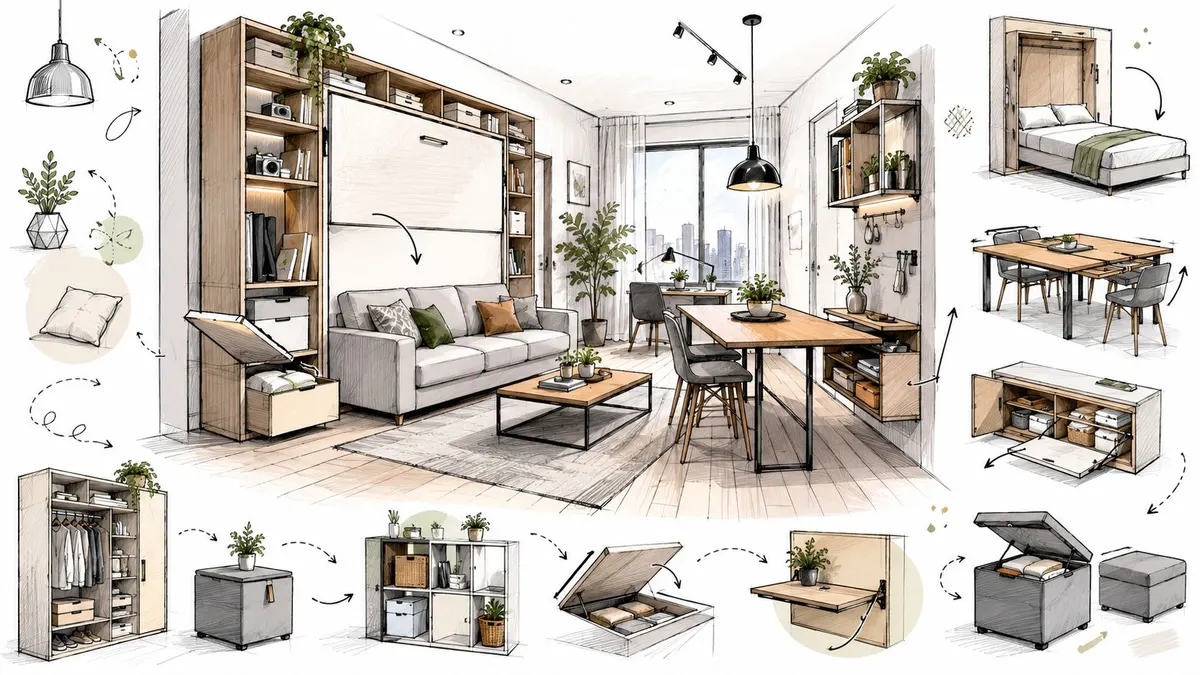 Disegno concettuale che mostra mobili salvaspazio multifunzionali per arredare un piccolo appartamento moderno in modo efficiente.