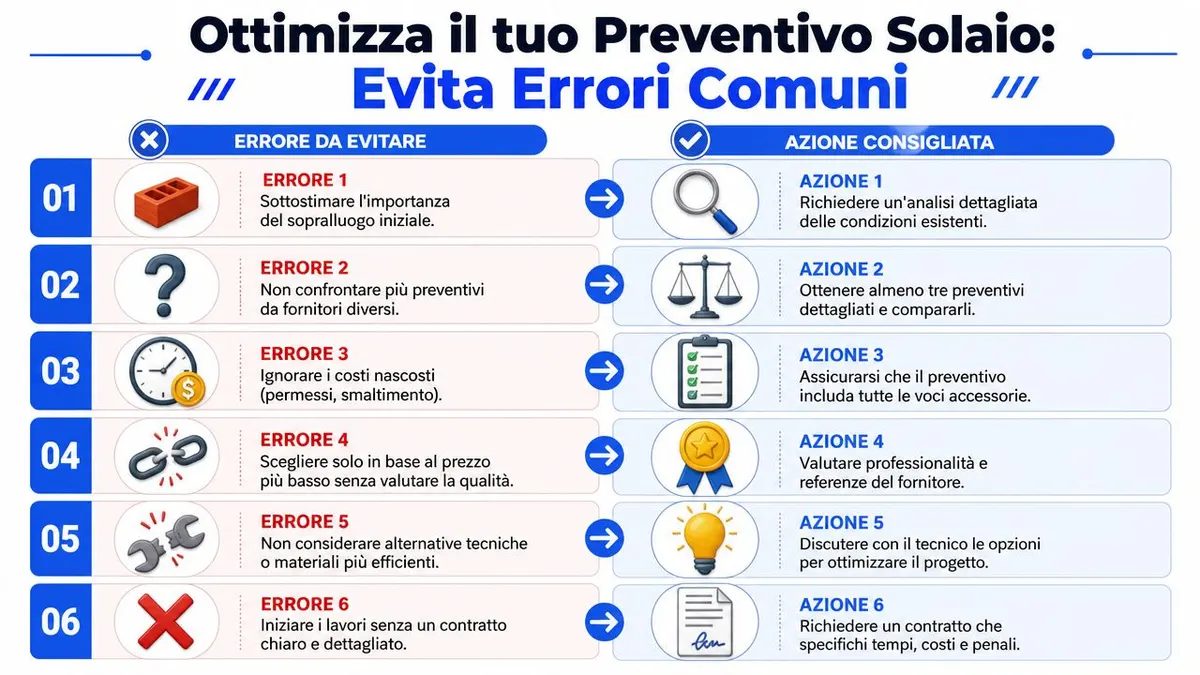 Infografica con sei errori comuni e azioni consigliate per ottimizzare un preventivo per la realizzazione di solai.
