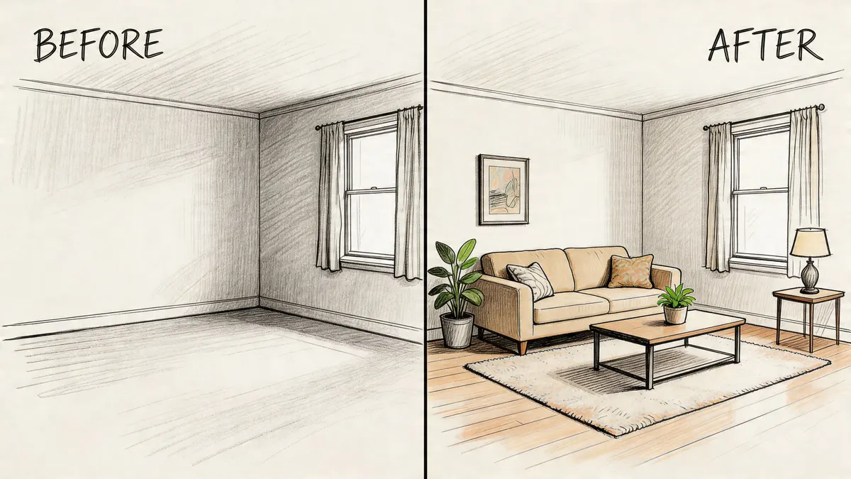 Disegno a matita di una stanza vuota prima e dopo l'aggiunta di mobili e arredamento moderno.