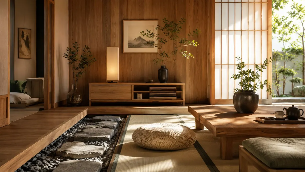 Interno di una casa in stile giapponese con arredamento in legno, tatami, pietre decorative e piante verdi.
