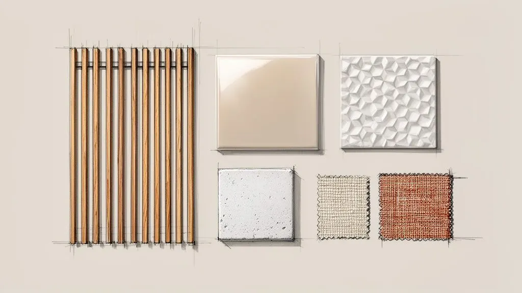 Campioni di materiali per interior design: legno, piastrelle lucide e testurizzate, cemento e tessuti in toni neutri.