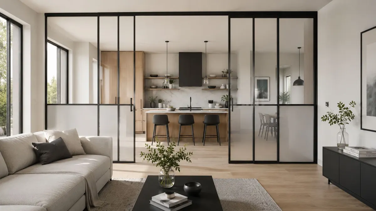 Soggiorno moderno separato dalla cucina tramite grandi pareti in vetro con telaio nero e design elegante.