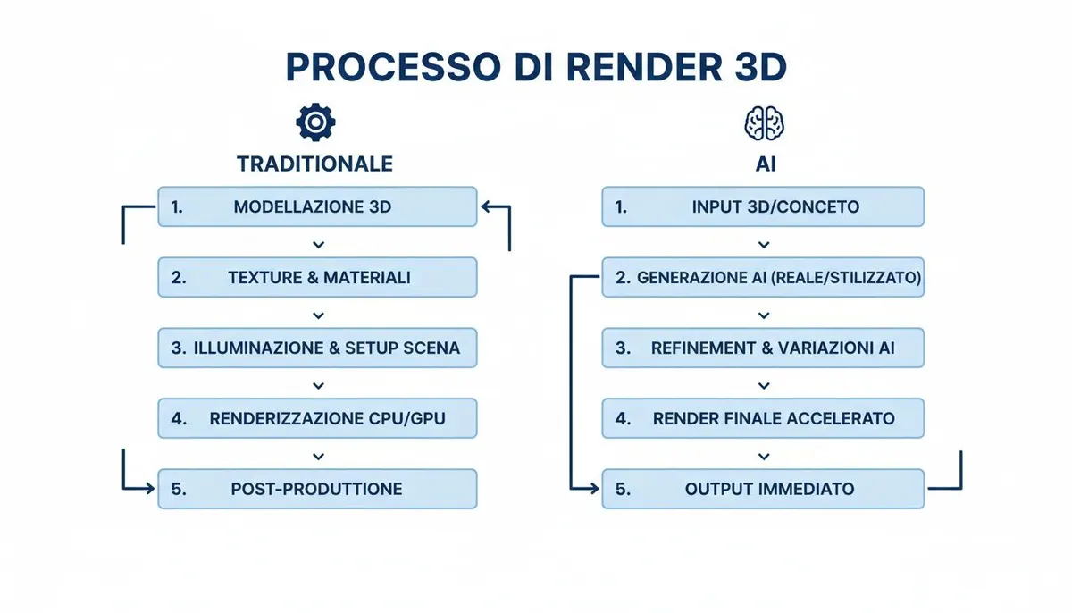 Diagramma che confronta il processo di rendering 3D tradizionale con il processo accelerato dall'IA, evidenziando le differenze nei passaggi.