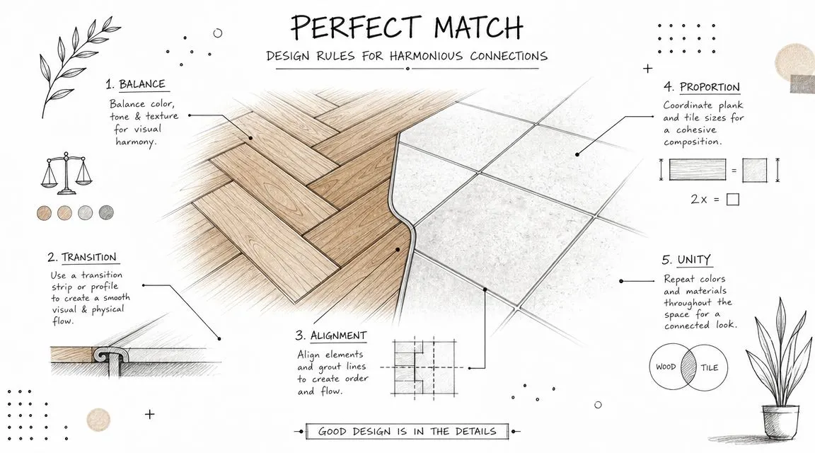 Illustrazione schematica che spiega le regole di design per abbinare pavimenti in legno e piastrelle con armonia.