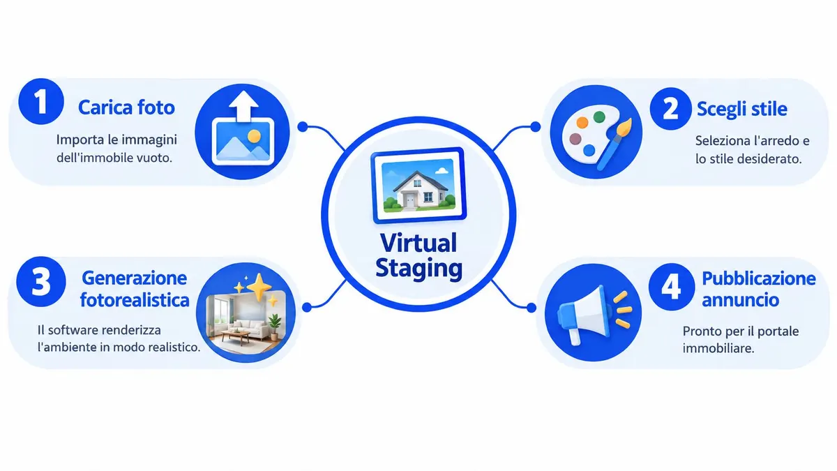 Schema a quattro passaggi che illustra il processo di virtual staging per arredare digitalmente immobili vuoti.