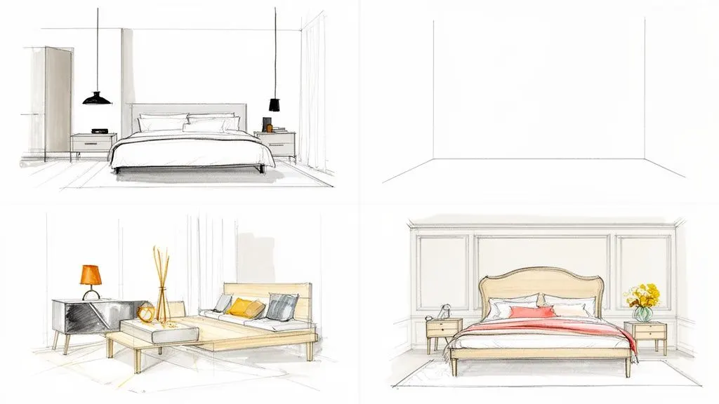 Quattro schizzi di design d'interni che mostrano diverse idee per camere da letto moderne e classiche, e una stanza vuota.