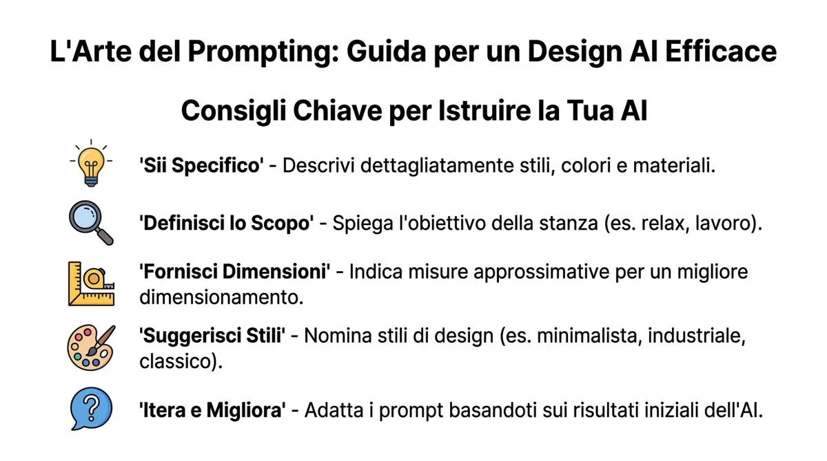 Un'infografica che illustra i consigli chiave per scrivere prompt efficaci per la progettazione di interni tramite l'intelligenza artificiale.