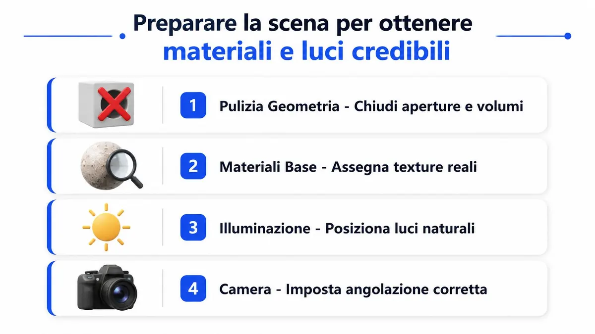 Una guida grafica in quattro punti per preparare una scena di rendering 3D con materiali e luci realistici.