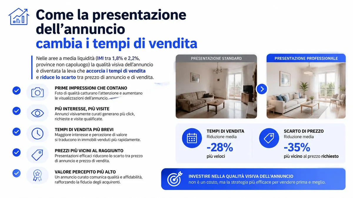 Grafico che illustra come una presentazione immobiliare professionale riduca i tempi di vendita e lo scarto di prezzo.