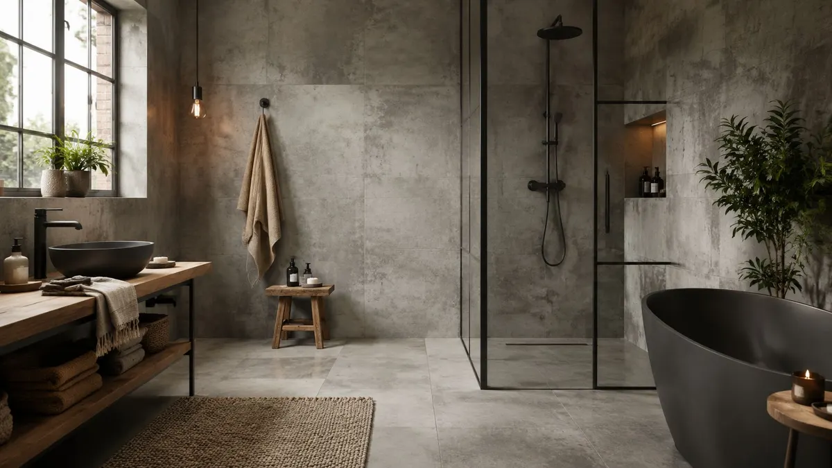 Moderno bagno di lusso con piastrelle grigie, vasca nera, doccia walk-in e mobili in legno naturale