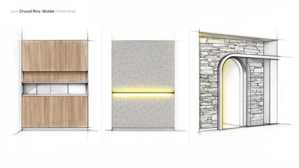 Schizzi di design interni che mostrano un mobile in legno, un pannello murale illuminato e un arco in pietra, con finiture dettagliate.