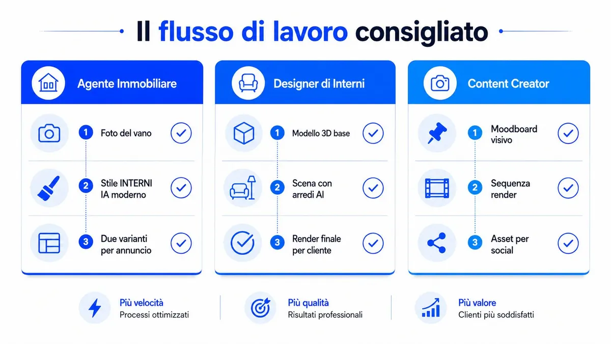Schema del flusso di lavoro consigliato per agenti immobiliari, designer d'interni e content creator utilizzando l'intelligenza artificiale.