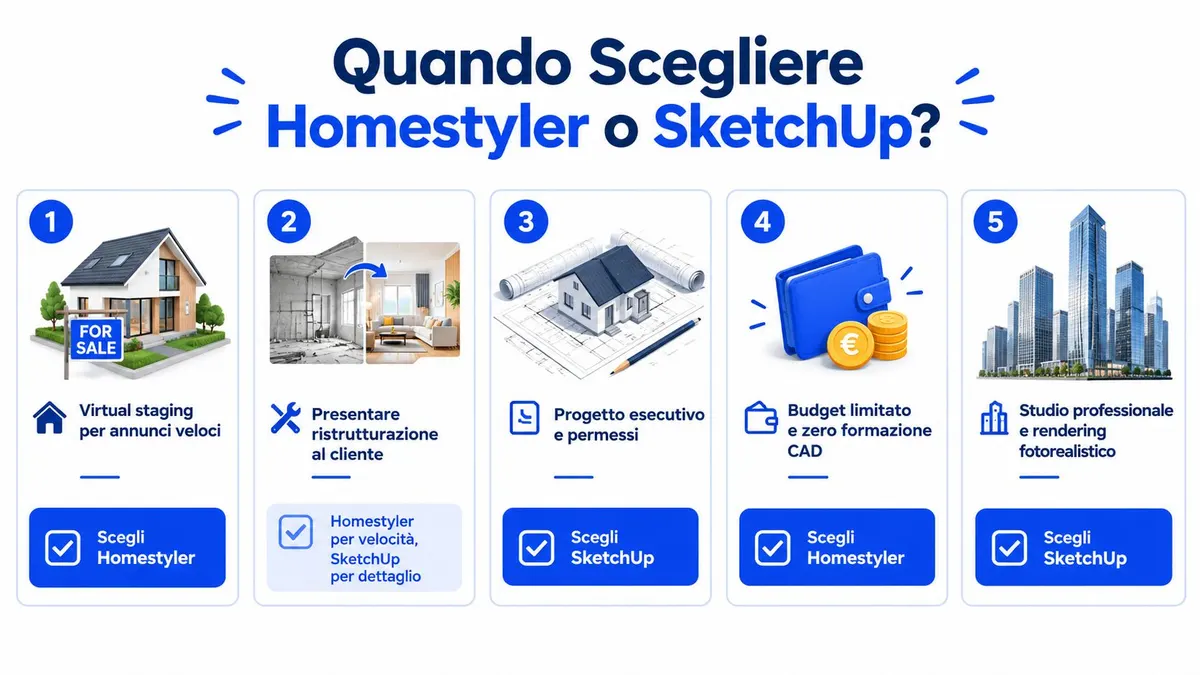 Infografica comparativa in italiano che illustra quando scegliere tra il software di design Homestyler e SketchUp.