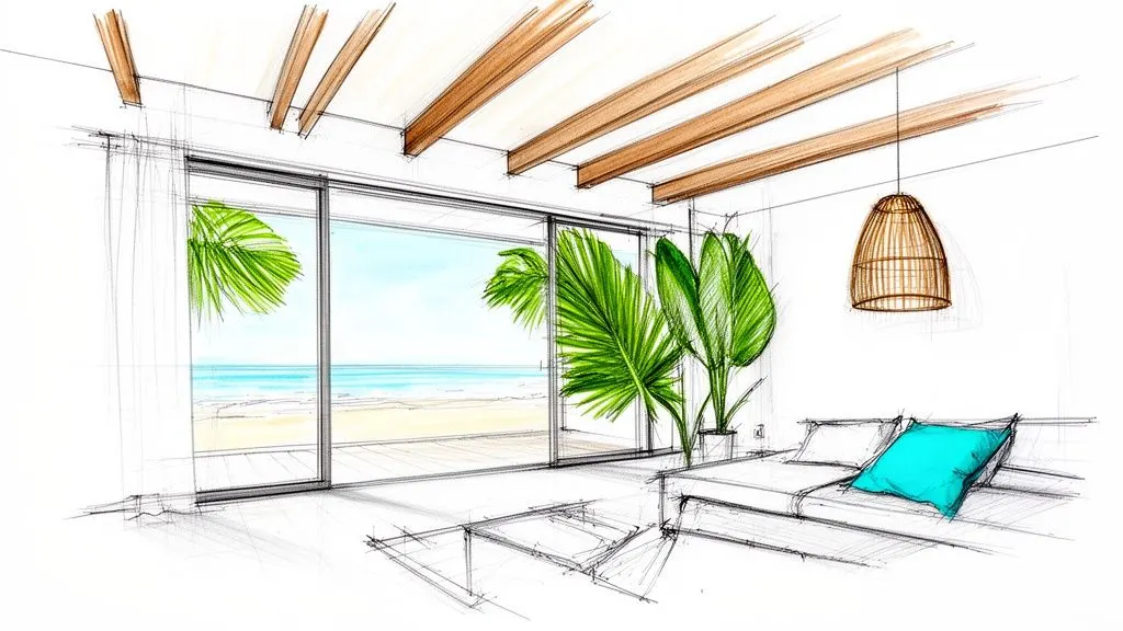 Schizzo di interni di una stanza con vista mare, palme verdi e soffitto con travi in legno.