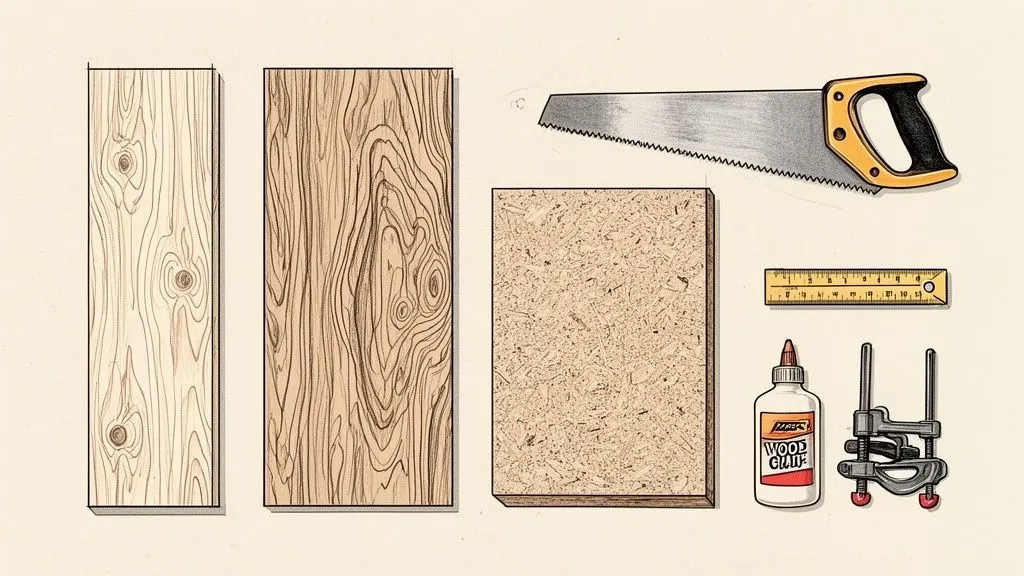 Materiali e strumenti per la falegnameria, inclusi legno, sega, colla, righello e morse, su sfondo neutro.