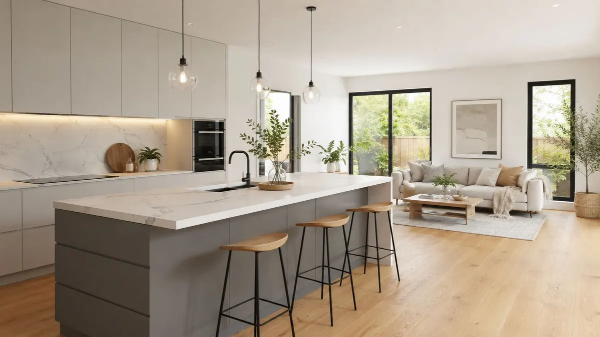 Una moderna cucina a isola aperta che si collega elegantemente con un soggiorno luminoso e accogliente.
