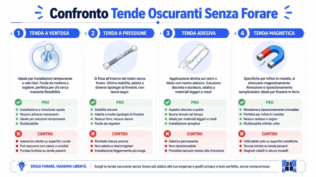 Confronto tra quattro tipologie di tende oscuranti senza forare, incluse ventose, pressione, adesive e magnetiche con pro e contro.