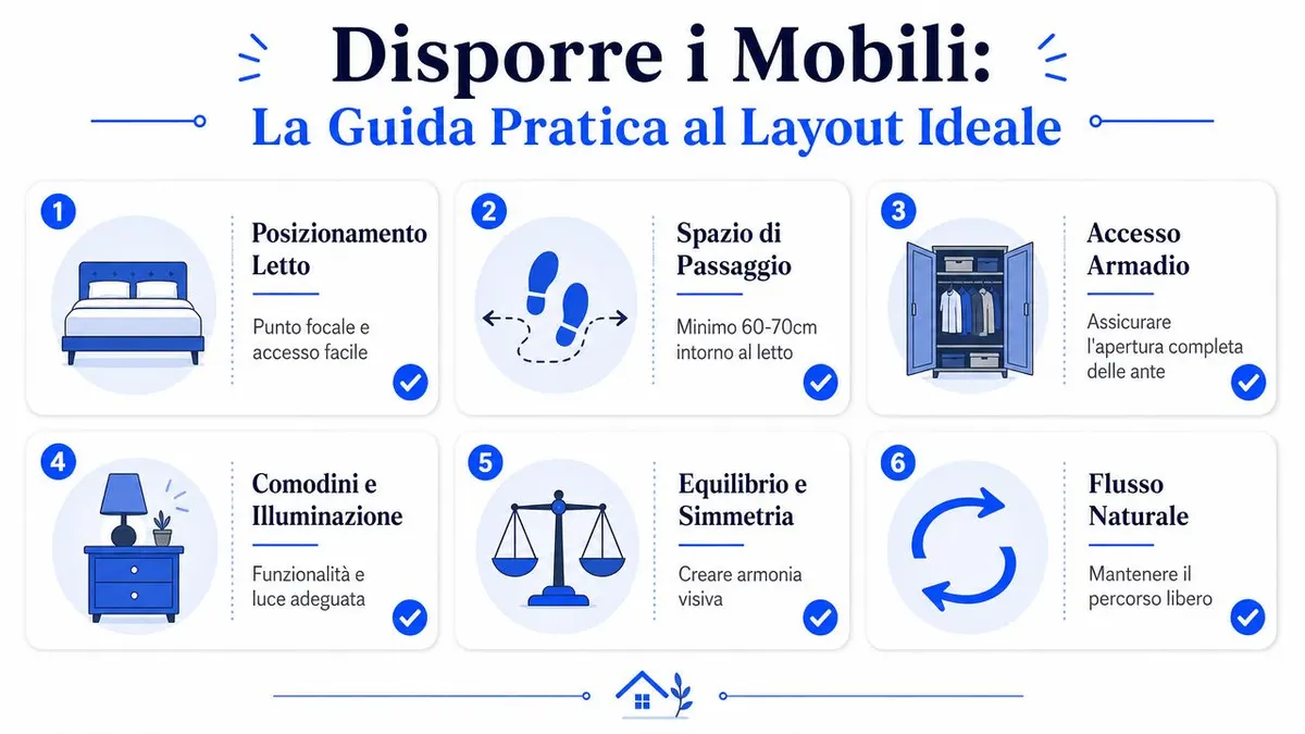 Una guida illustrata con sei passaggi fondamentali per arredare e disporre i mobili in camera da letto.