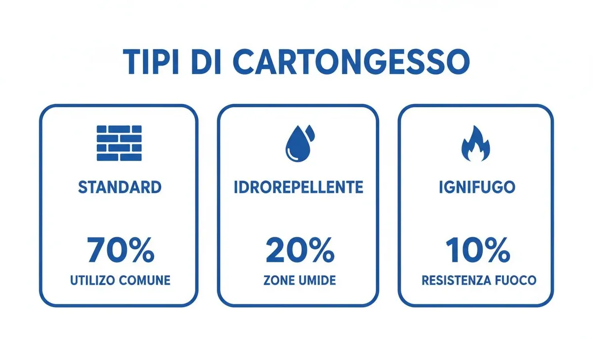Infografica che illustra i tipi di cartongesso: standard, idrorepellente e ignifugo, con le percentuali di utilizzo e le loro applicazioni.