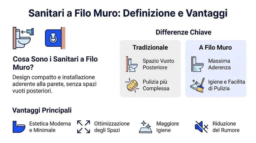 Infografica informativa che spiega le caratteristiche, le differenze e i principali vantaggi dei sanitari bagno a filo muro.