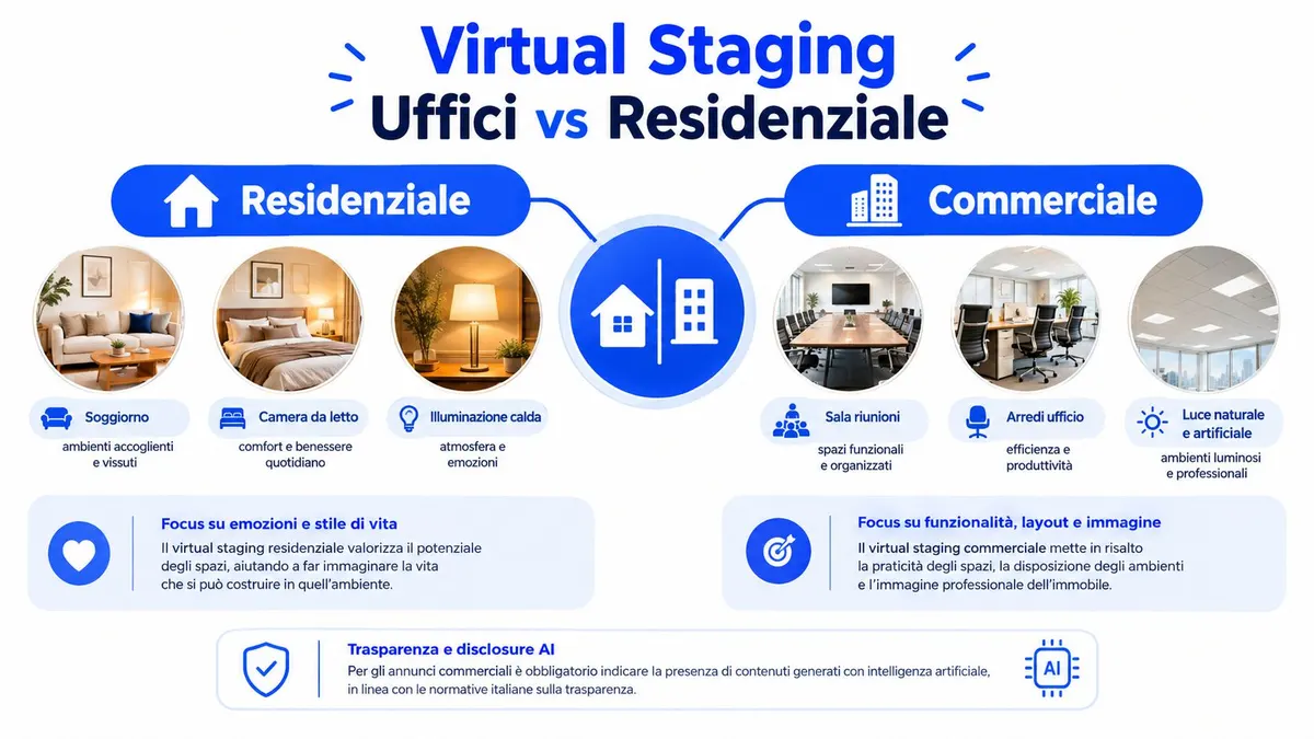 Infografica che confronta lo staging virtuale per spazi residenziali e uffici commerciali con icone e descrizioni.