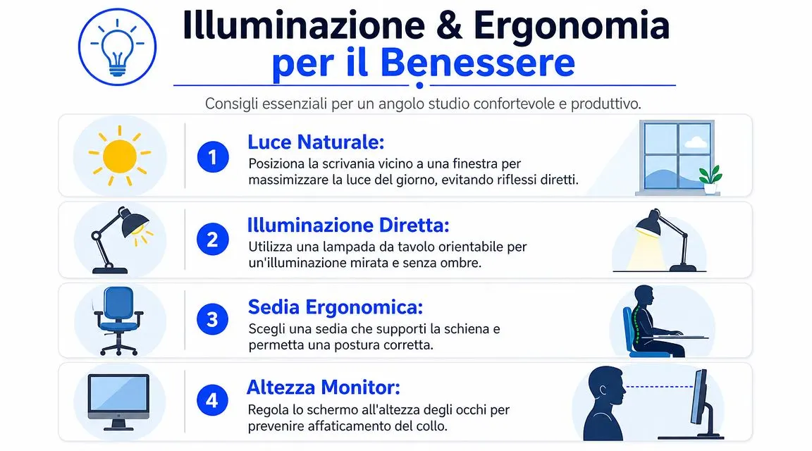 Infografica con consigli su illuminazione ed ergonomia per creare un angolo studio confortevole e produttivo in casa.