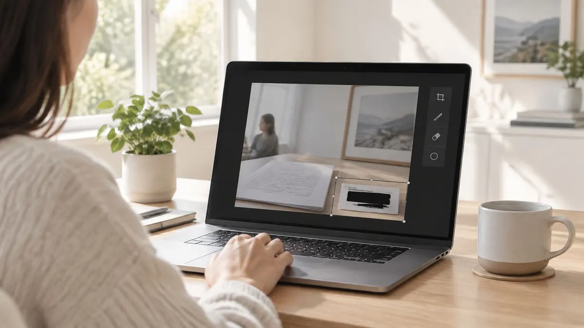 Una persona che utilizza un computer portatile per modificare una foto con un documento su un tavolo