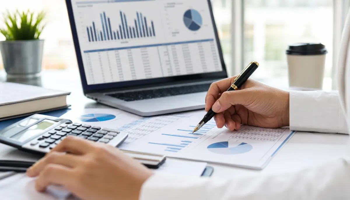 Una persona analizza documenti finanziari con grafici, utilizzando un laptop, una calcolatrice e una penna sul tavolo.