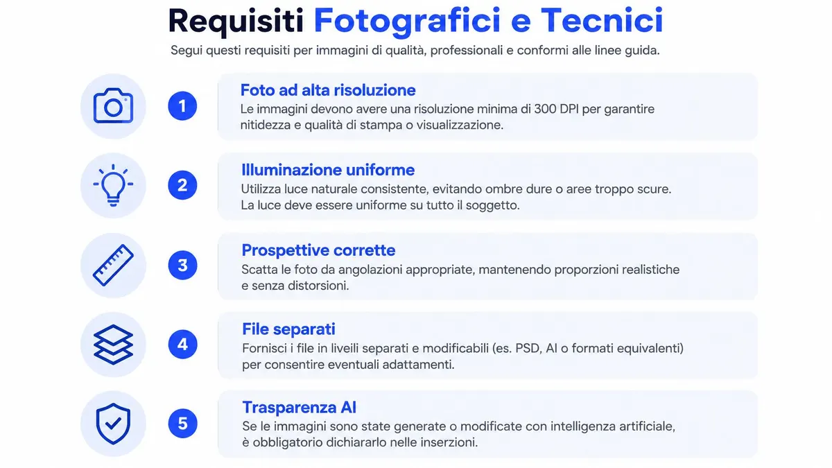 Elenco numerato che descrive i requisiti fotografici e tecnici necessari per immagini professionali di alta qualità.