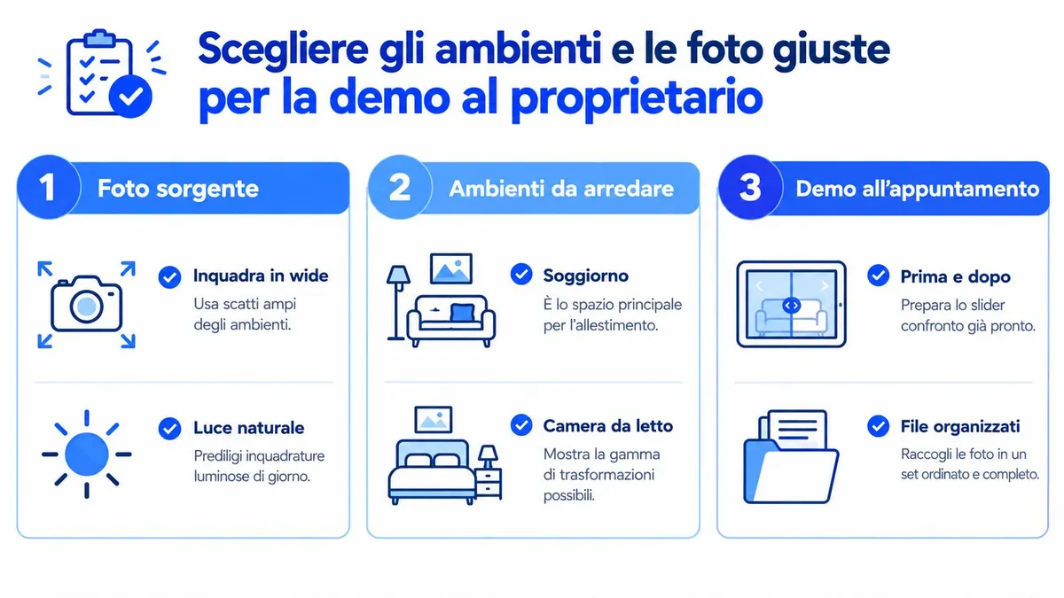 Infografica che illustra i tre passaggi fondamentali per preparare foto e ambienti per una dimostrazione di virtual staging.