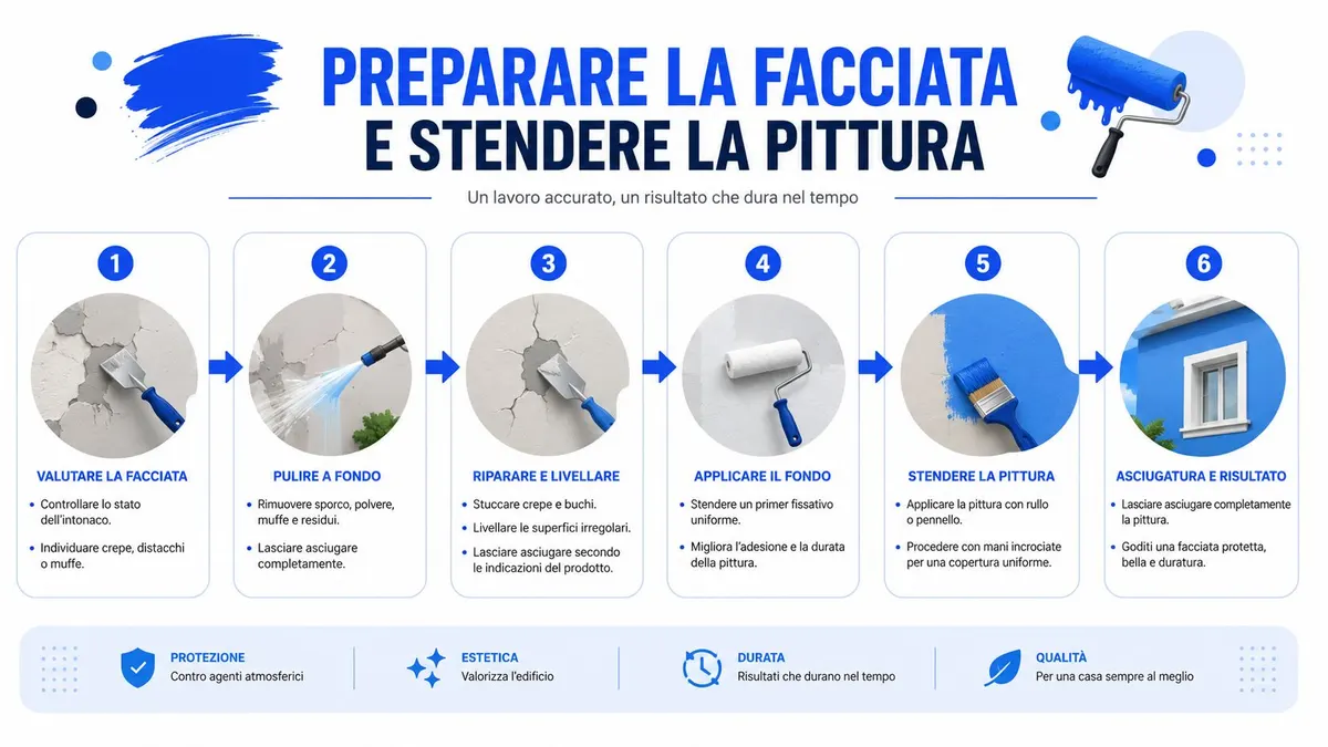 Infografica illustrata in sei passaggi che spiega come preparare correttamente una facciata e applicare la pittura protettiva.