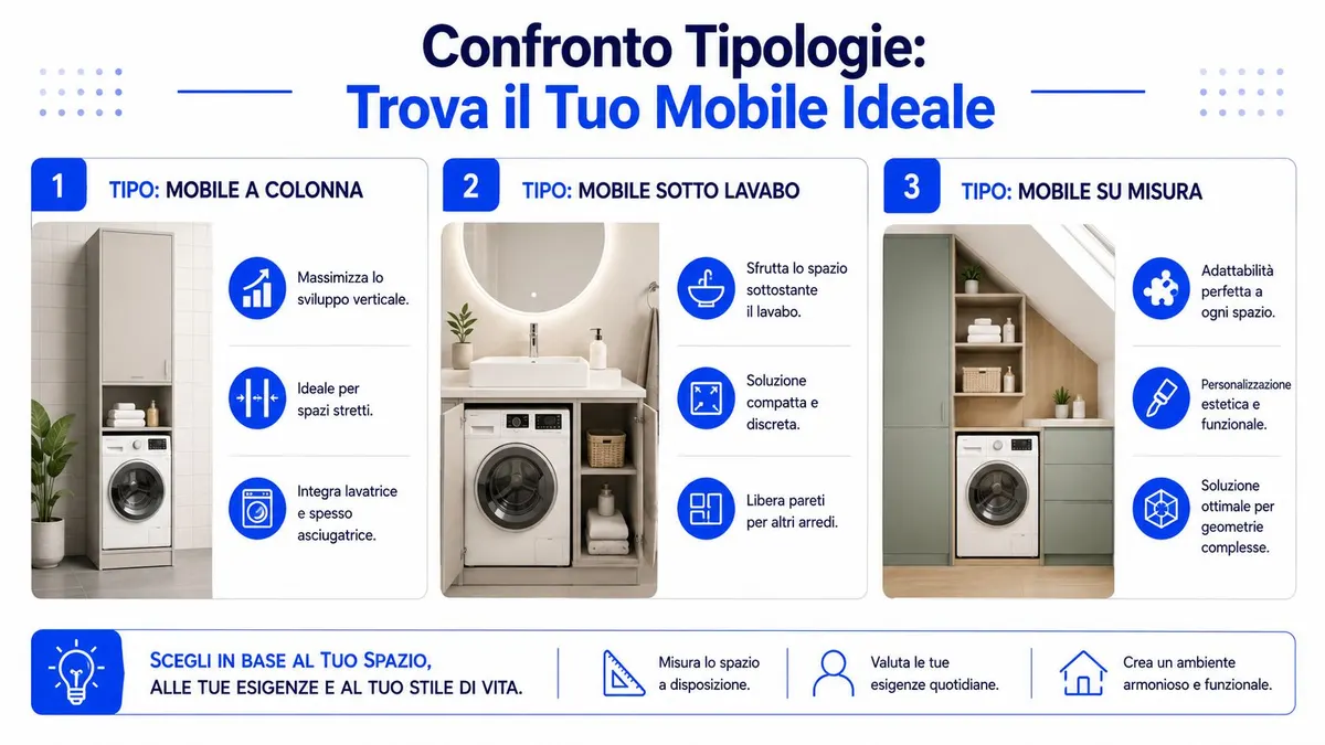 Confronto tra tipologie di mobili bagno per lavatrice tra colonna, sottolavabo e soluzioni su misura.